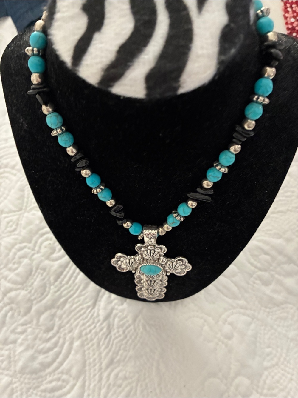 Source Unknown Turquoise and Black Beaded Cross Necklace